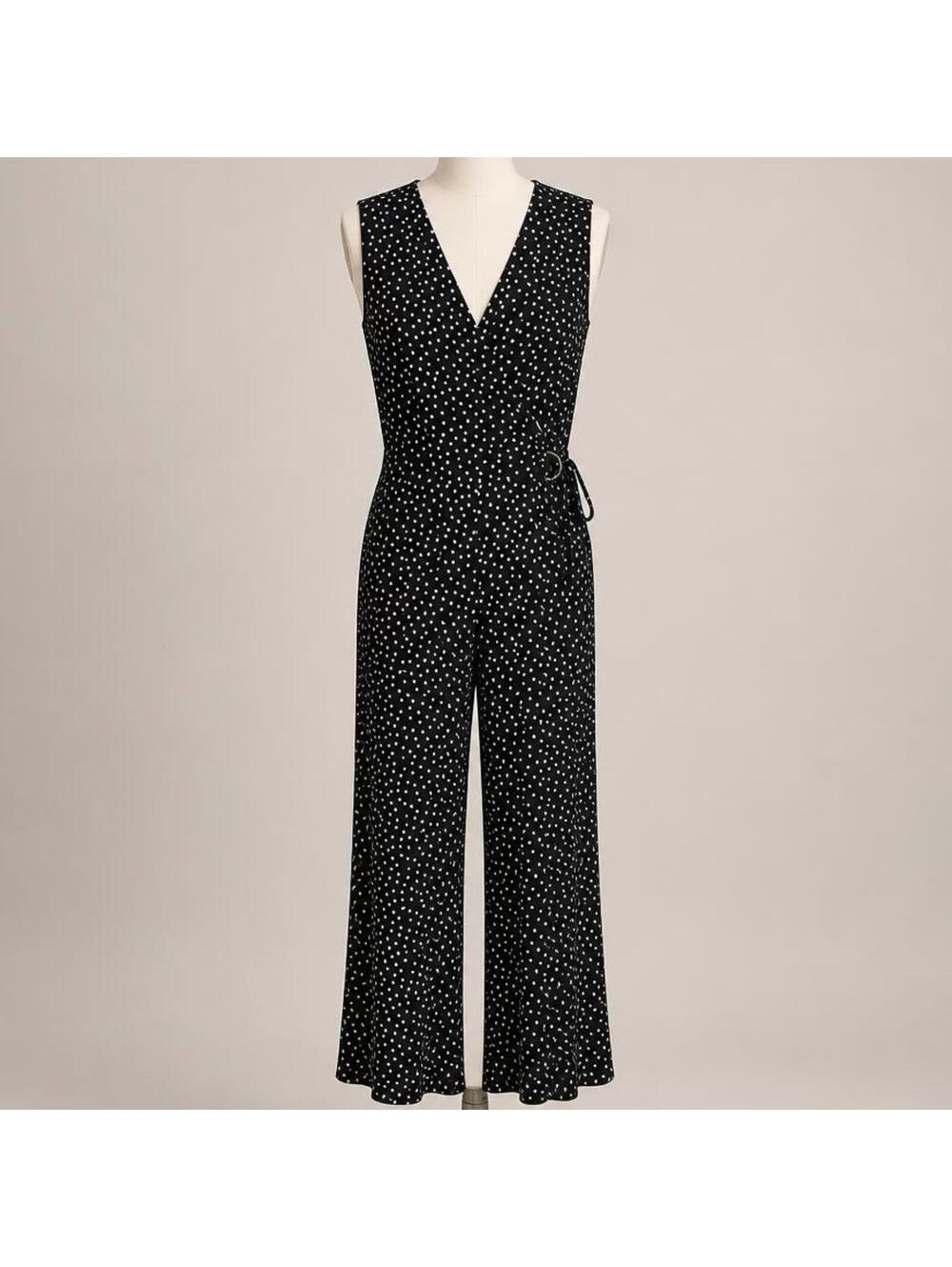 White House Black Market Black and White Polka Dot Sleeveless Jumpsuit Size 10